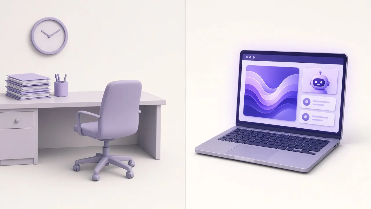 An empty office desk next to a laptop running an AI agent