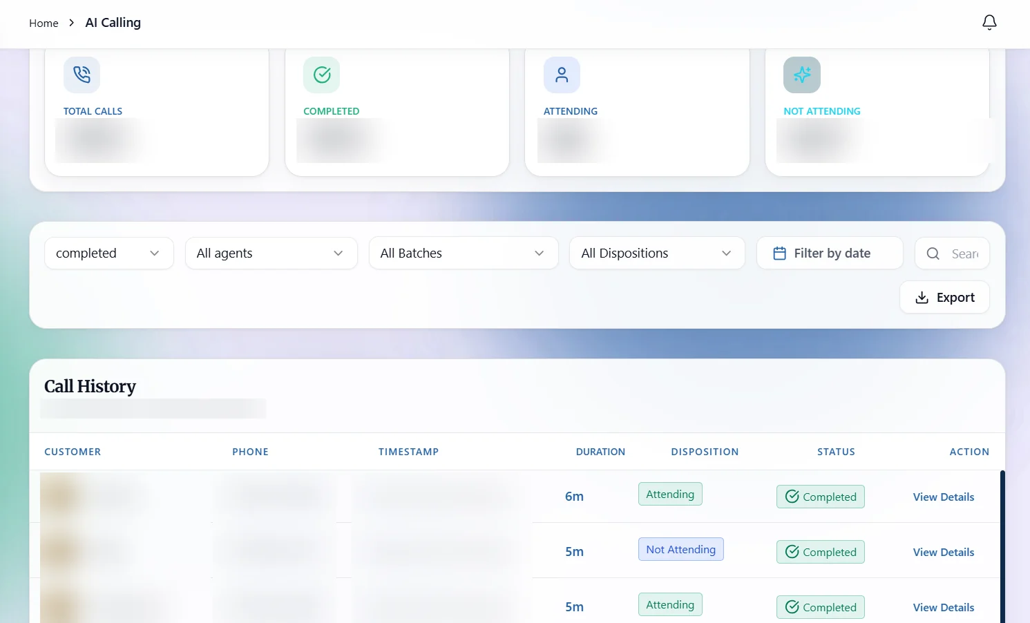 Clara AI calling dashboard showing call history with dispositions and status