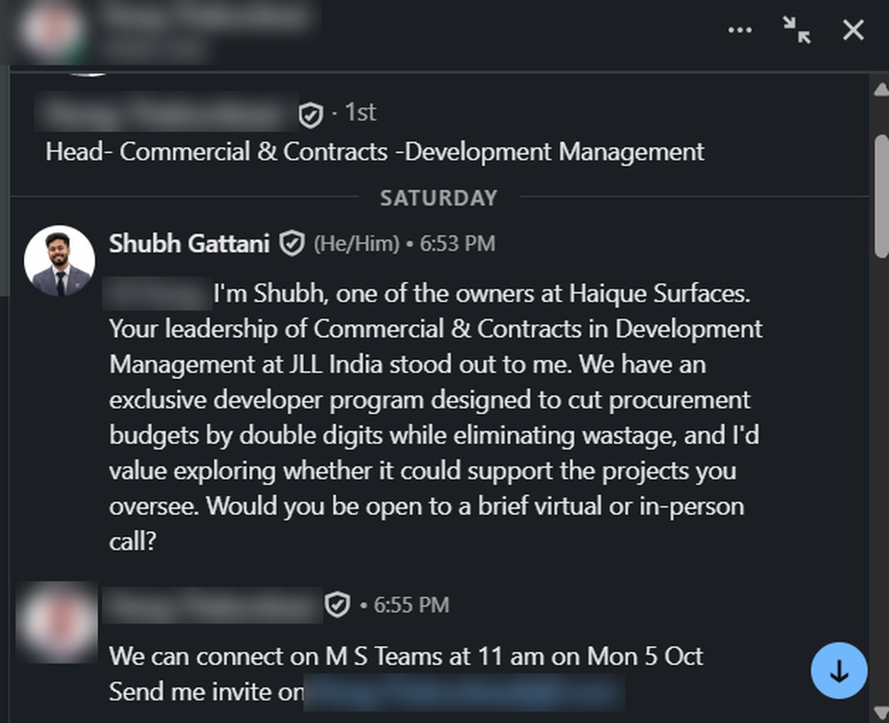 Real reply: Head of Commercial & Contracts at JLL India booked a Teams meeting