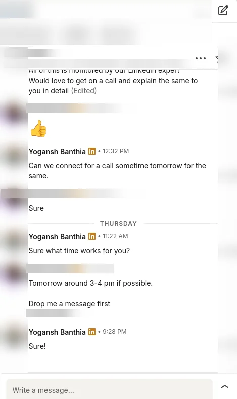 Same LinkedIn thread, names and phone number blurred: the Managing Director says sure to a call and proposes tomorrow around 3 to 4 pm
