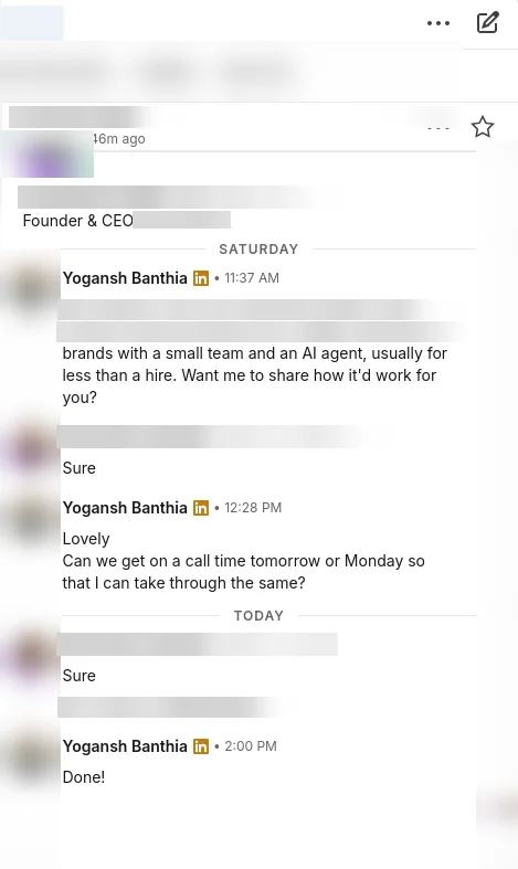 Real LinkedIn reply, names blurred: Founder & CEO of an automotive services company says sure to seeing how it works and agrees to a call