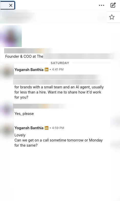 Real LinkedIn reply, names blurred: Founder & COO of a services company replies yes please to seeing how it would work