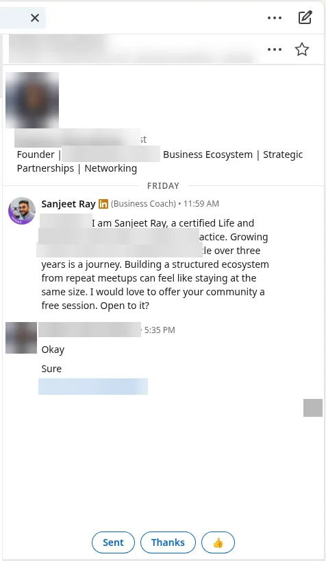 Founder, business network: "Okay, sure" and shares WhatsApp
