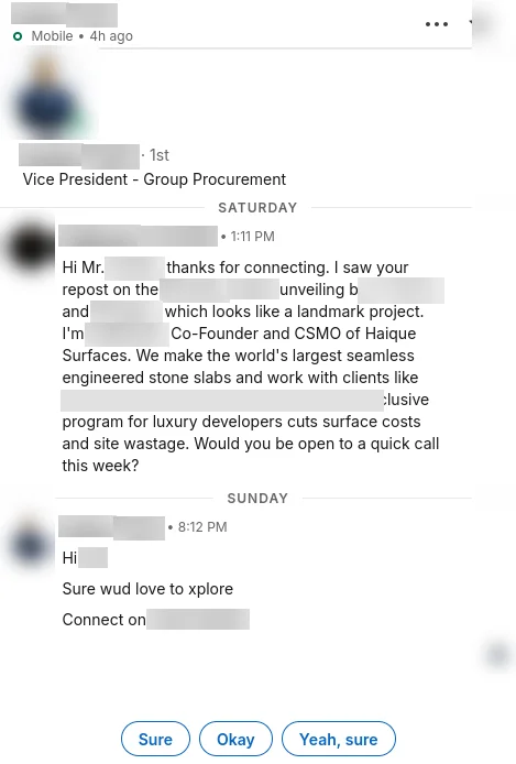 VP Group Procurement, Dubai developer: "Sure wud love to xplore"